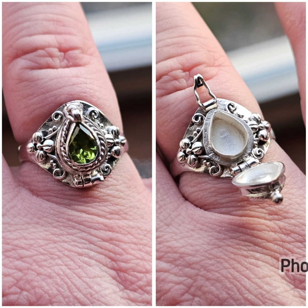 Stampd Silver Locket Ring with Green Teardrop Stone